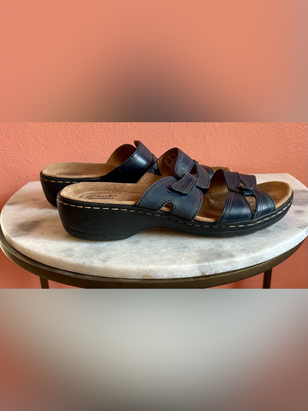Clarks Navy Blue Leather Slide Sandals